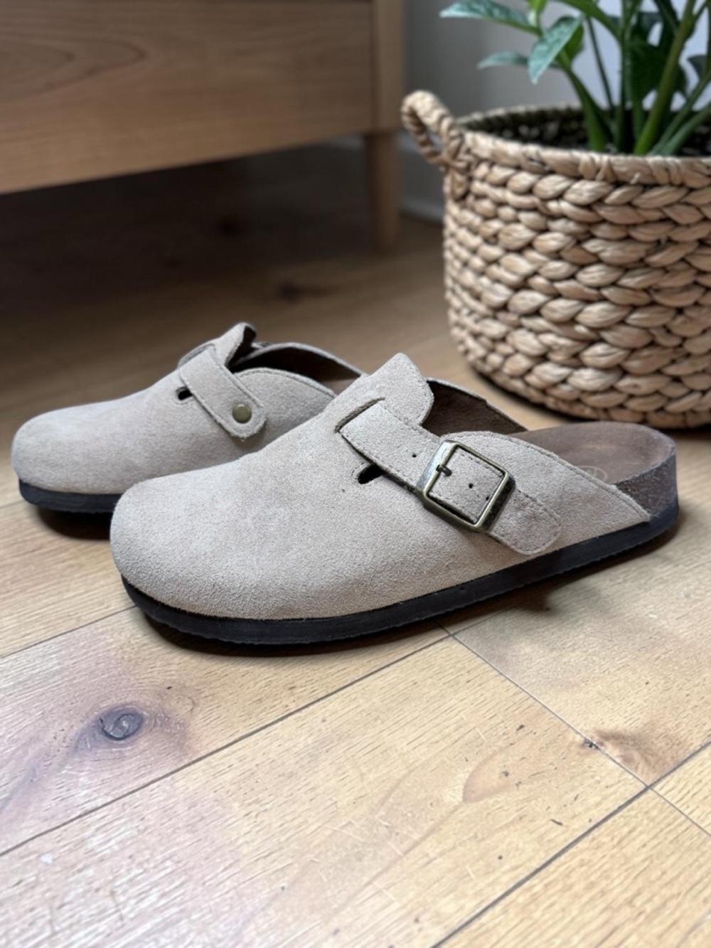 White Mountain Beige Suede Slip-On Mules with Buckle